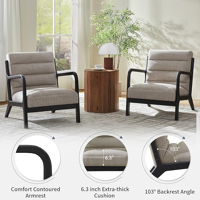 VKNOW Accent Chairs with Rubberwood Frame Accent Chairs Set of 2, Mid-Century Modern Upholstered Reading Armchair, High Back Lounge Armchair Living Room Chair for Bedroom Reading Room, Light Brown