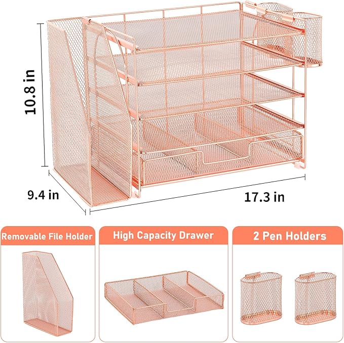 Desk Organizers and Accessories with File Holder, 5-Tier Office Desk Accessories & Workspace Desktop Organizer with Drawer and 2 Pen Holder, File Paper Organizer for Office Supplies(Rose Gold)