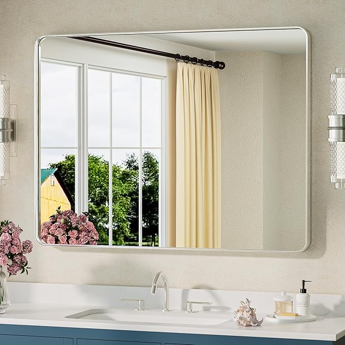 TETOTE Brushed Nickel Bathroom Mirror 40 x 30 Inch Brushed Nickel Metal Framed Bathroom Mirror, Tempered Glass, Modern Farmhouse Wall Mounted Mirror for Decorative(Horizontal/Vertical)