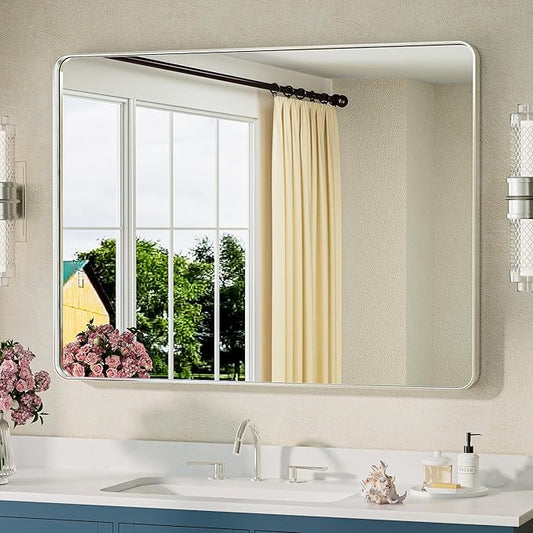 TETOTE Brushed Nickel Bathroom Mirror 40 x 30 Inch Brushed Nickel Metal Framed Bathroom Mirror, Tempered Glass, Modern Farmhouse Wall Mounted Mirror for Decorative(Horizontal/Vertical)
