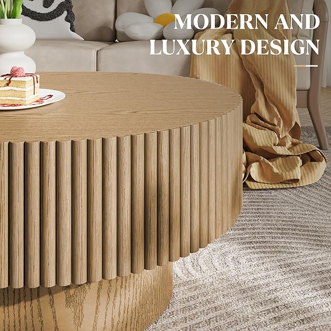 43.7” Oval Coffee Table, Modern Wood Fluted Coffee Table for Living Room, Veneer Handcrafted Relief Center Table with Sturdy Pedestal，Easy Assembly - Natural