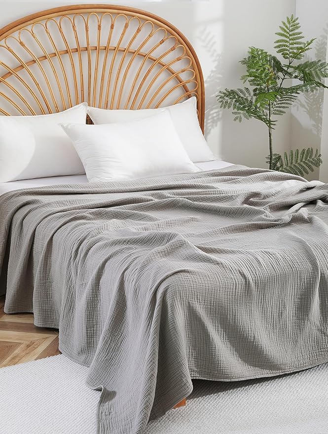 100% Cotton Muslin Queen Blanket (90" x 90") – A Luxuriously Soft, 4-Layer Lightweight and Breathable Gauze Blanket, Perfect for Year-Round use on beds, couches (Grey, Queen)