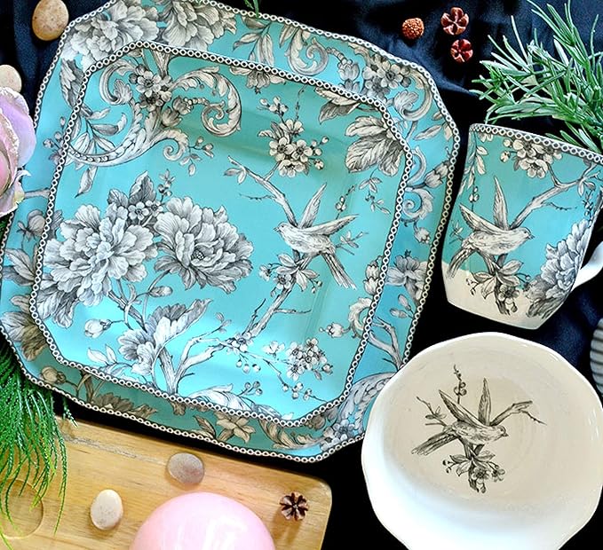 222 Fifth Adelaide 16-Piece Square Floral Dinnerware Set – Service for 4, Turquoise Porcelain Plate, Bowl & Mug Set, Chip Resistant, for Everyday Dining & Entertainment, Microwave & Dishwasher Safe