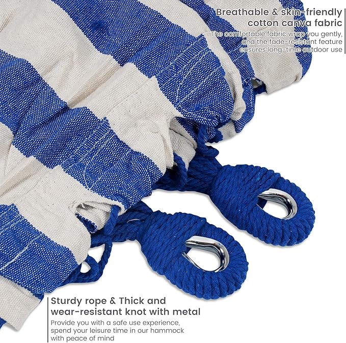 Lazy Daze Hammocks Double Hammock with 9 ft Space-Saving Steel Stand Includes Portable Carrying Case, 450 Pounds Capacity (Blue White)