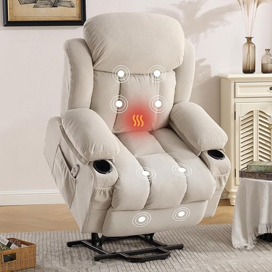 Power Lift Recliner Chair for Elderly with Vibration Massage and Lumbar Heating Electric Oversized Single Sofa with Cup Holder and USB Charge Port for Living Room