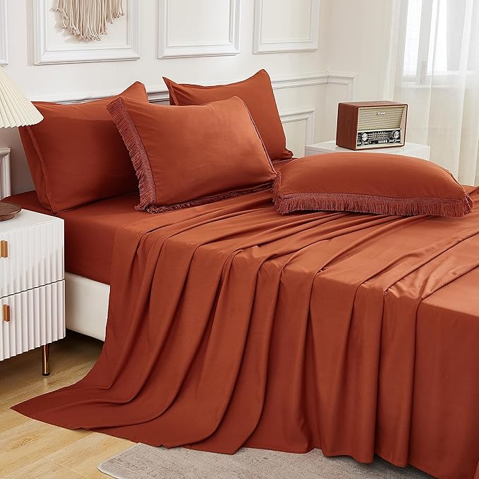 Andency Queen Comforter Set with Sheets Burnt Orange - 7 Pieces Boho Tassel Bed in a Bag Soft Lightweight Bedding Sets, Terracotta Rust Fringe Bed Set with Comforter, Sheets, Pillowcases & Shams