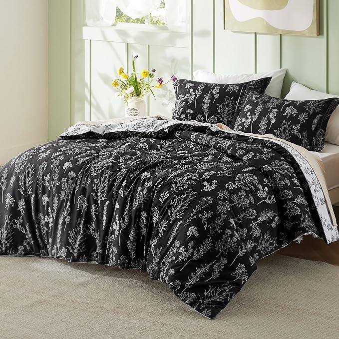 Bedsure King Comforter Set - Black Bed Set, 3 Pieces Cute Floral Bedding, 1 Soft Reversible Botanical Flowers Comforter and 2 Pillow Shams