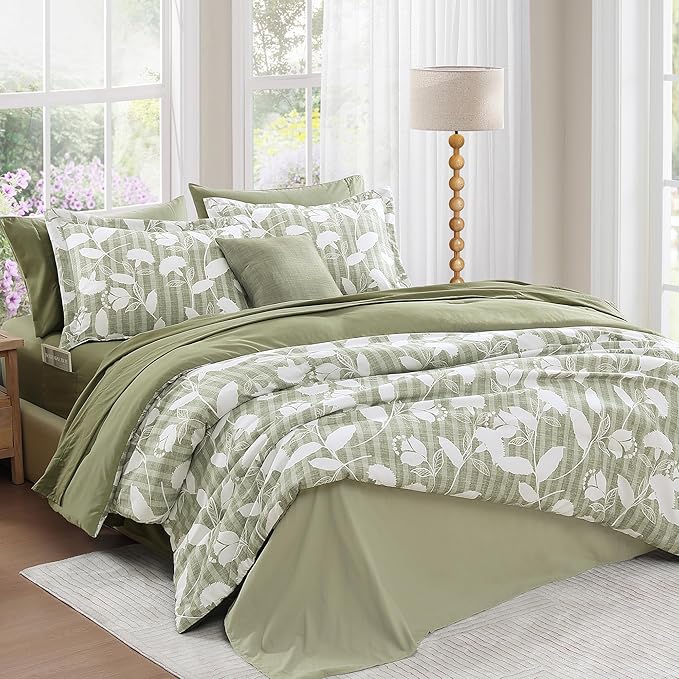 King Comforter Set -7 Pieces Sage Green Floral Comforter Set for All Seasons, Bed in a Bag King with Botanical Flowers Comforter, Sheets, Pillowcases & Shams
