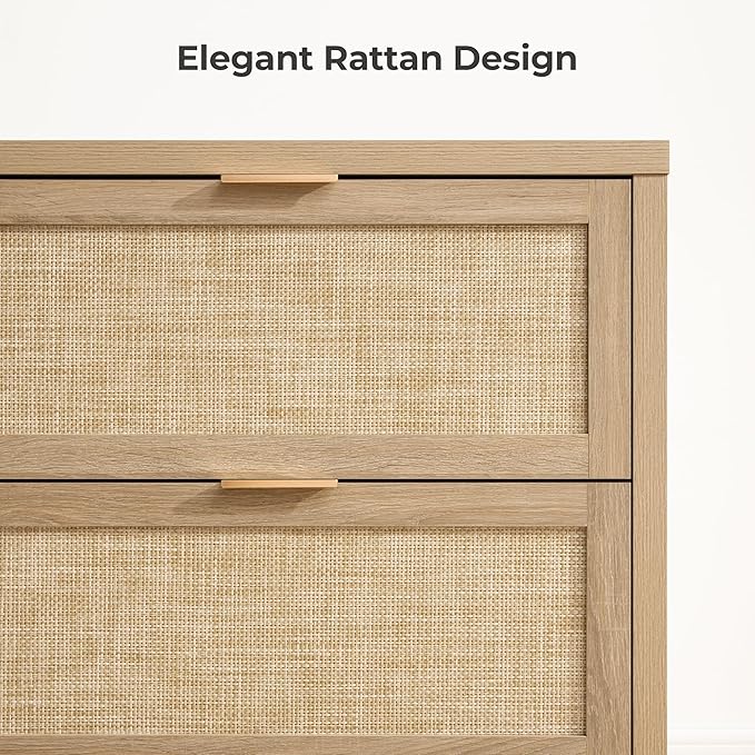 SICOTAS 60.8" Dresser for Bedroom, Rattan Boho Dresser with 4 Deep Drawers, Large Chest of Drawers for Closet,Nursery,Dressers TV Stand for Bedroom (Reclaimed Light Oak, 4 Drawers (1 pc))