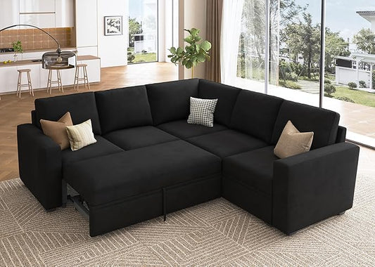 HONBAY Sectional Sleeper Sofa with Pull Out Bed, Velvet L Shaped Couch with Storage Seat, Modular Sectional Couches for Living Room, Black