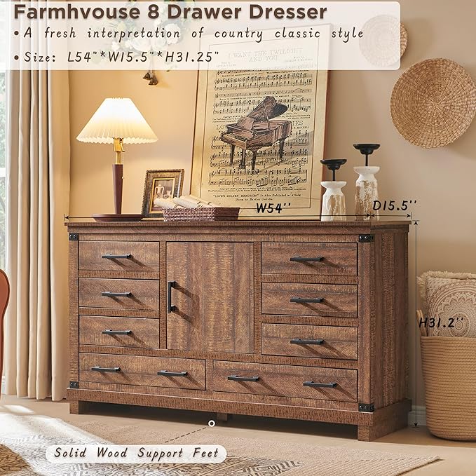 T4TREAM Farmhouse 8 Drawers Dresser for Bedroom, 54" Wide Wood Chest of Drawers w/Storage Cabient & Adjustable Shelf, Rustic Dressers Organizer for Living Room, Hallway, Reclaimed Barnwood