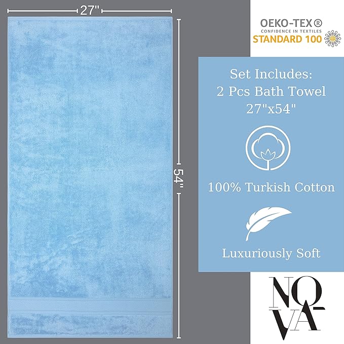 NOVA Luxury Linen - Hotel Quality Turkish Towel Set for Bathroom (2 Pcs Bath Towel Set, Sky Blue)