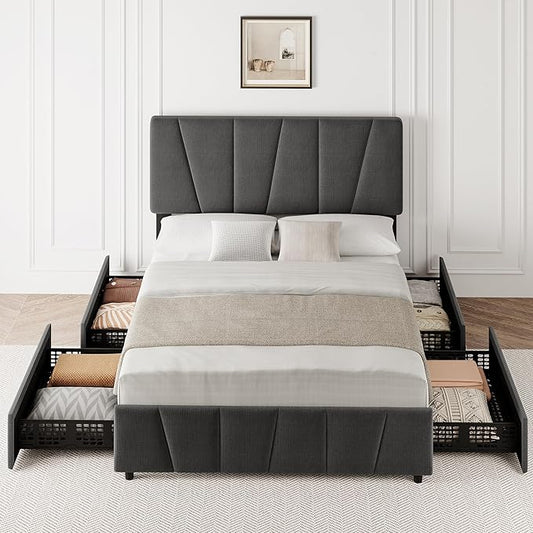 GarveeHome Full Size Bed Frame with Adjustable Headboard and 4 Storage Drawers, Velvet Upholstered Tufted Full Platform Bed Frames with Wooden Slats Support,Full Bedframe No Box Spring Needed, Grey
