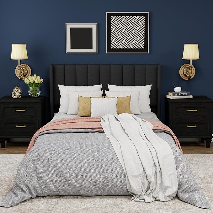 Upholstered Platform Full Size Bed Frame with Headboard Wooden Slats Support No Noise Easy Assembly Black Linen