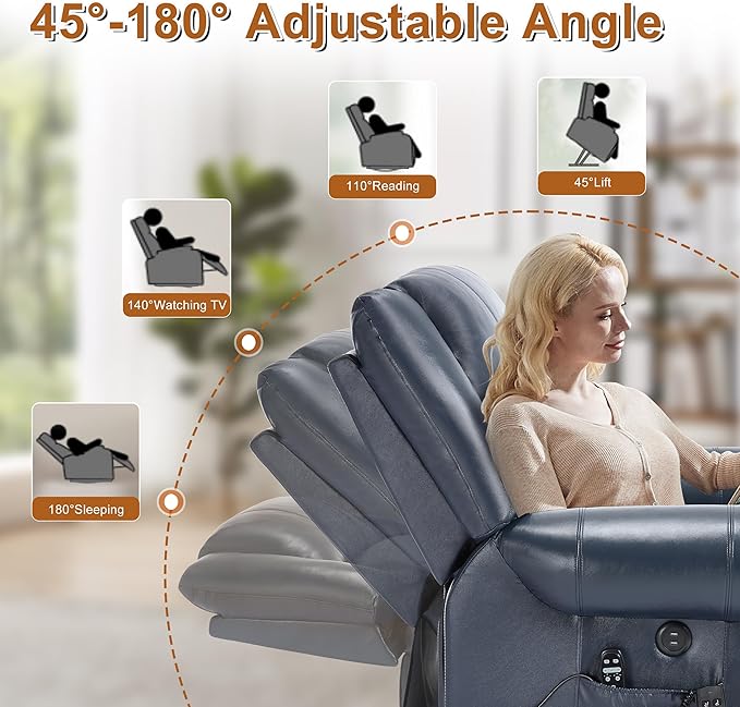 Power Lift Recliner Chair for Elderly, Dual Motor Massage Recliner with Lumbar Heat, Heavy Duty Motion Mechanism Lift Chair with Charge Ports, Genuine Leather - Blue