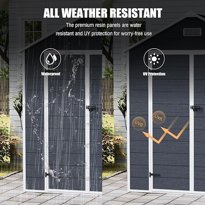 6' x 6' Resin Storage Shed Outdoor, PP Material & Strong Structure for All Weather, Plastic Garden Shed w/Window for Garden, Backyard, Poolside and Lawn, 15mm Thick PP Board - Dark Grey