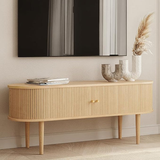 WERMO 55'' TV Stand with Storage and Shelves for 32-60 inch TV. Wood Entertainment Center with Doors for Living Room and Bedroom, Mid Century Modern Console Table, Television Stand (Oak)