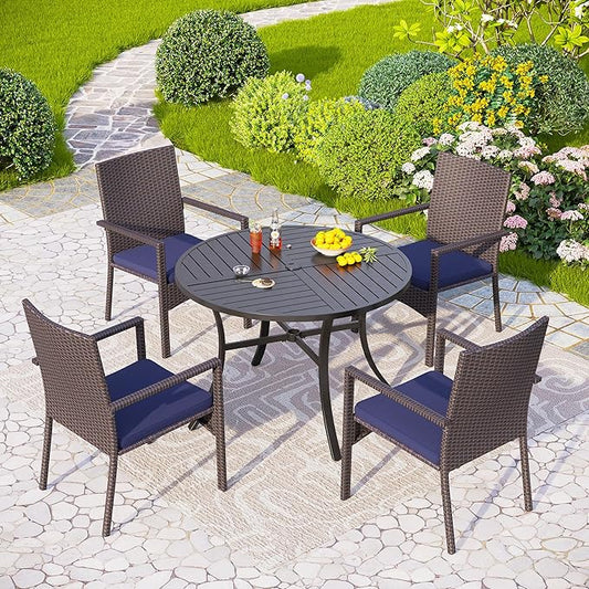 PHI VILLA 5 Piece Patio Dining Table Set for 4, 42” Round Steel Dining Table with Umbrella Hole & 4 Cushioned Wicker Chairs for Outdoor, Deck, Yard, Porch