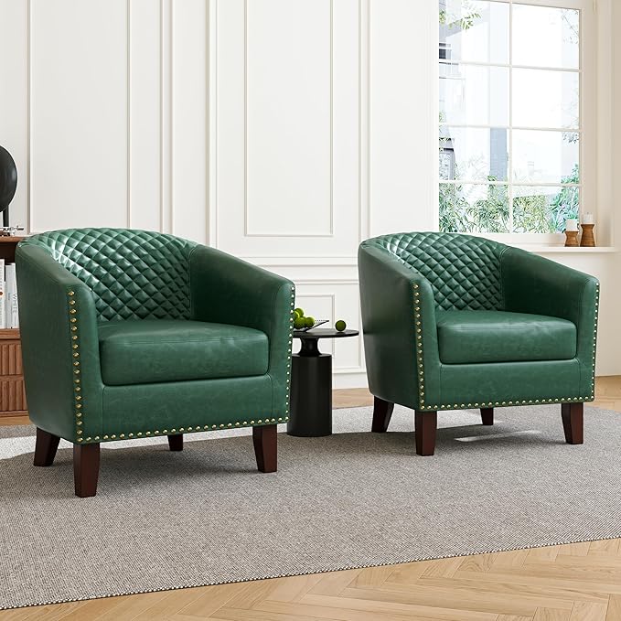 Accent Barrel Chair, Upholstered Faux Leather Club Chair with Nailed Trim, Comfy Reading Armchair for Living Room Bedroom Reception Room Office (Dark Green, Set of 4)