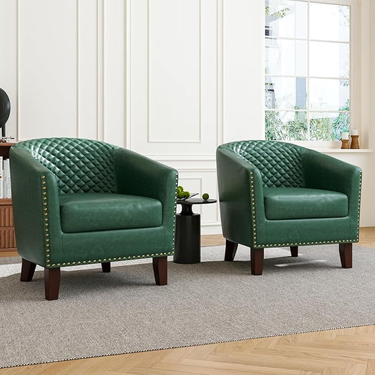 Accent Barrel Chair, Upholstered Faux Leather Club Chair with Nailed Trim, Comfy Reading Armchair for Living Room Bedroom Reception Room Office (Dark Green, Set of 2)
