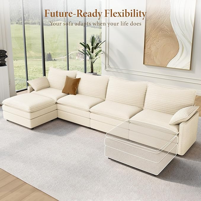 Vesgantti 142" Cloud Couch Sectional Modular Sofa, Comfy Sectional Couch with Ottoman Deep Seat Corduroy L Shaped Sofa, Modular Couches for Living Room, Bedroom and Apartment, Beige