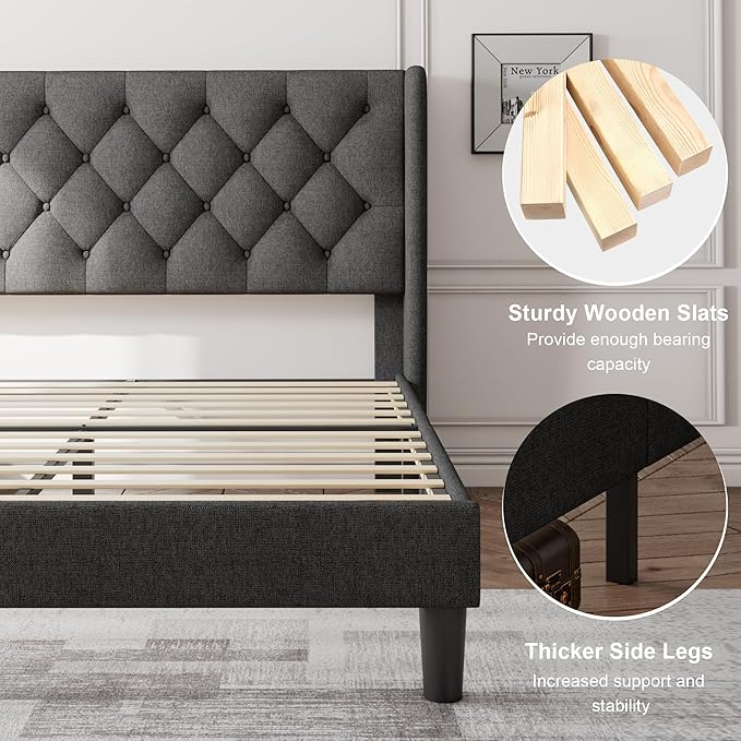 Feonase Queen Size Bed Frame with Diamond Tufted Wingback Headboard, Morden Upholstered Platform Bed, Sturdy Wooden Slats Support, Noise-Free, No Box Spring Needed, Easy Assembly, Dark Gray