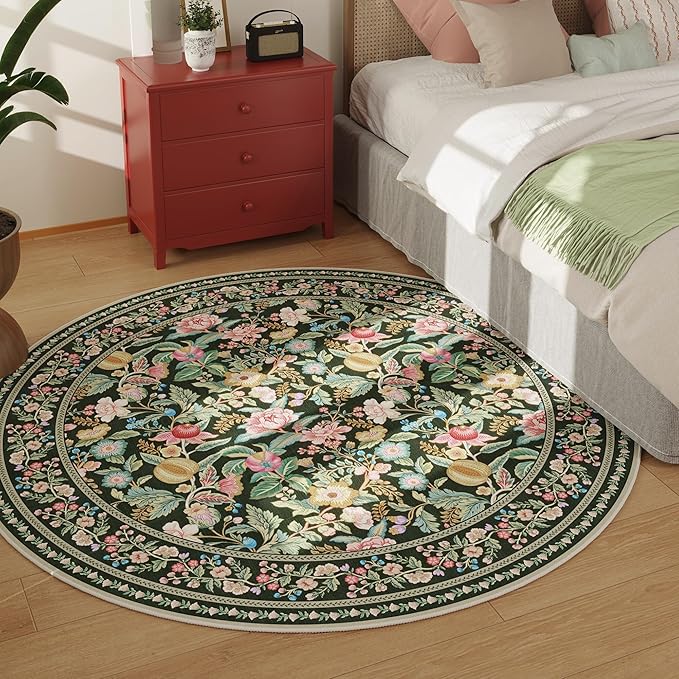 Round Rug 4ft Washable Circle Rug Non Slip Low Pile Vintage Floral Small Circular Rug for Bedroom, Bathroom, Entryway, Kids Room, Office, Green