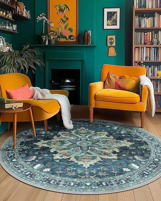 Area Rugs 6ft Washable Non-Slip, Floral Vintage Distress Print Pattern Medallion Carpet for Living Room Bedroom Dining Room, Teal Green Lake Blue Turquoise