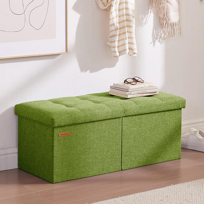 HAUSFRAU 31.5 Inches Ottoman with Storage Bench, Folding Ottoman Bench Small Foot Rest Stool, Bedroom Bench with Flipping Lid, Linen Avocado