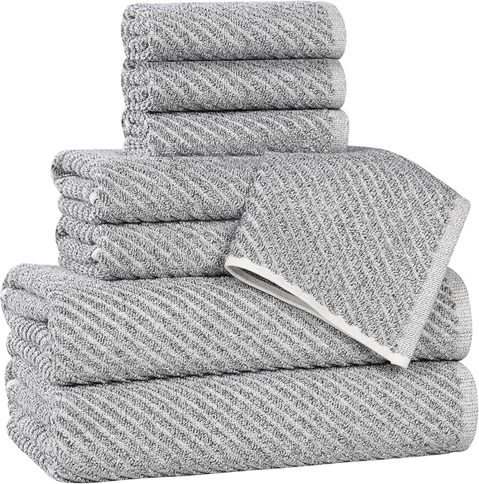 Superior Amelia Viscose Cotton Blend Medium Weight Towels, for Bathroom, Shower, Spa, Plush, Quick Dry, Ultra-Soft Towels, Bath Essentials, Ribbed Design, 8 Piece Assorted Towel Set, Charcoal