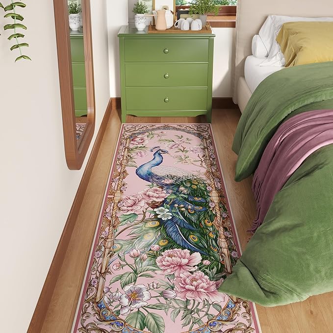Runner Rug for Kitchen 2'6"x8' Washable Rugs with Rubber Backing Soft Floral Peacock Floral Animal Carpet Runner for Kitchen, Laundry, Bedroom, Bathroom (Pink)