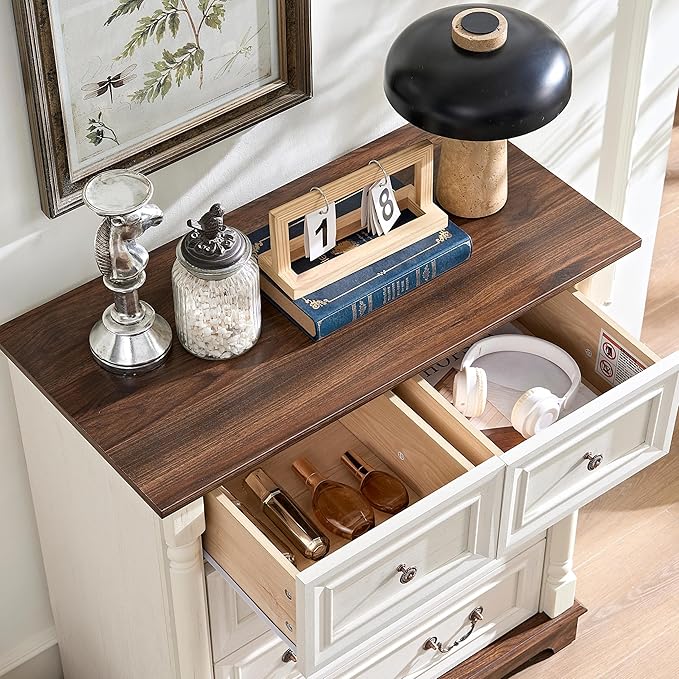 Farmhouse 5 Drawer Dresser with Roman Column Design, 36" Tall Chest of Drawers, Wood Storgae Cabinet Organizer for Bedroom, Hallway, Antique White