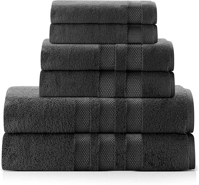 Zero Twist Bathroom Towel Set - Luxury Bath Towel Sets for Bathroom, Hands, and Washcloths - Quick Dry and Absorbent - 6 Pieces, 3 Stripe, Black