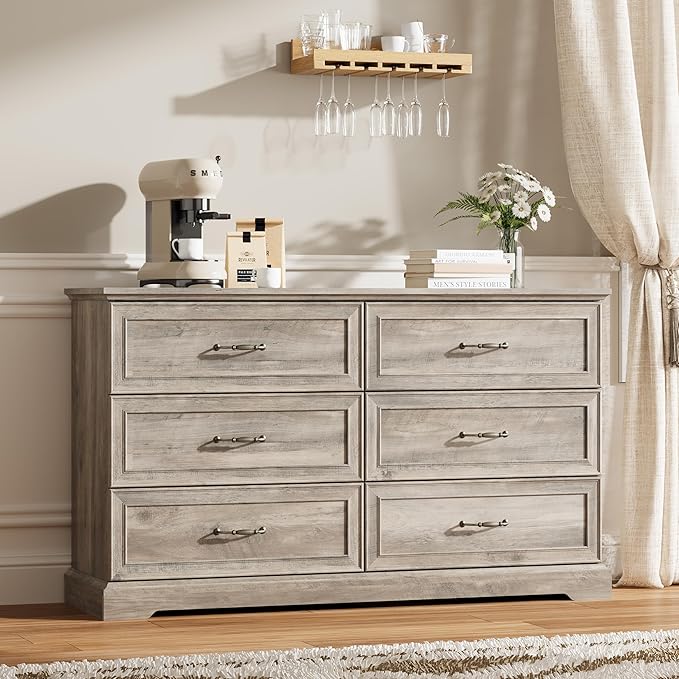 Dresser for Bedroom with 6 Drawer, Farmhouse Dresser for Closet, 53'' Wide Rustic Wooden Chest of Drawers with Natural Wood Texture, Vintage Storage Organizer for Living Room, Hallway, Grey