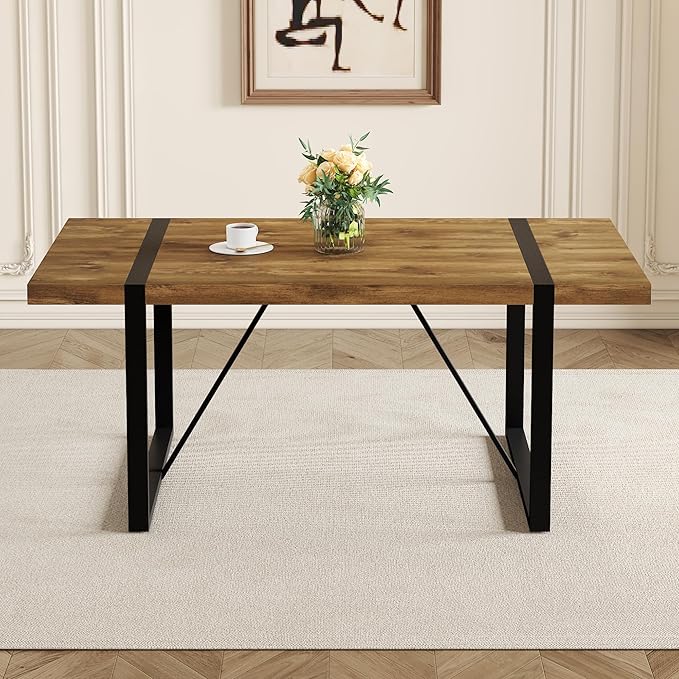 71'' Dining Table for 6-8, Dark Wood Kitchen Table with Metal Legs, Dinner Table for 6-8 for Home Dining Room Living Room