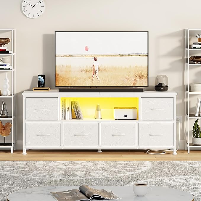 Lulive TV Stand for Living Room, LED White Dresser for Bedroom with 6 Fabric Drawers,43 55 60in TV Stand with Power Outlet, Entertainment Center with Open Shelf