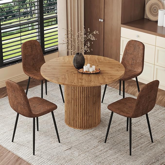 AZmac Round Dining Table Set for 4, Wooden Round Table 5-Piece with Modern Farmhouse Dining Table and 4 Suede Leather Chairs for Kitchen Dining Room, Wooden Table + 4 Brown Chairs