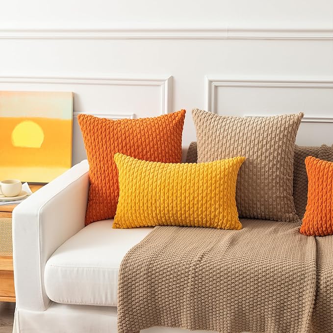 Kevin Textile Pack of 2 Tan Corduroy Decorative Throw Pillow Covers 24x24 Inch Soft Boho Striped Pillow Covers Modern Farmhouse Home Decor for Autumn Sofa Living Room Couch Bed