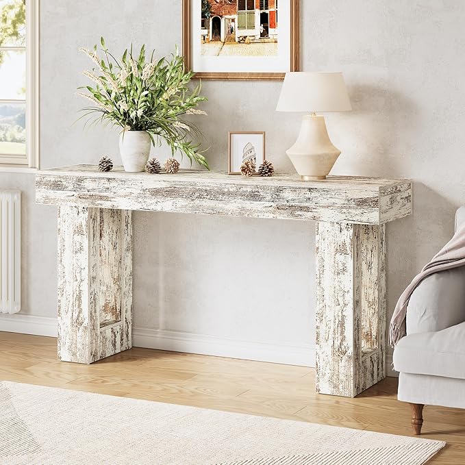 Little Tree 63-Inch Long Console Tables for Entryway, Large Sofa Table Behind Couch, Wooden Entry Foyer Hallway Table, Modern Console Sofa Tables for Living Room, Distressed White