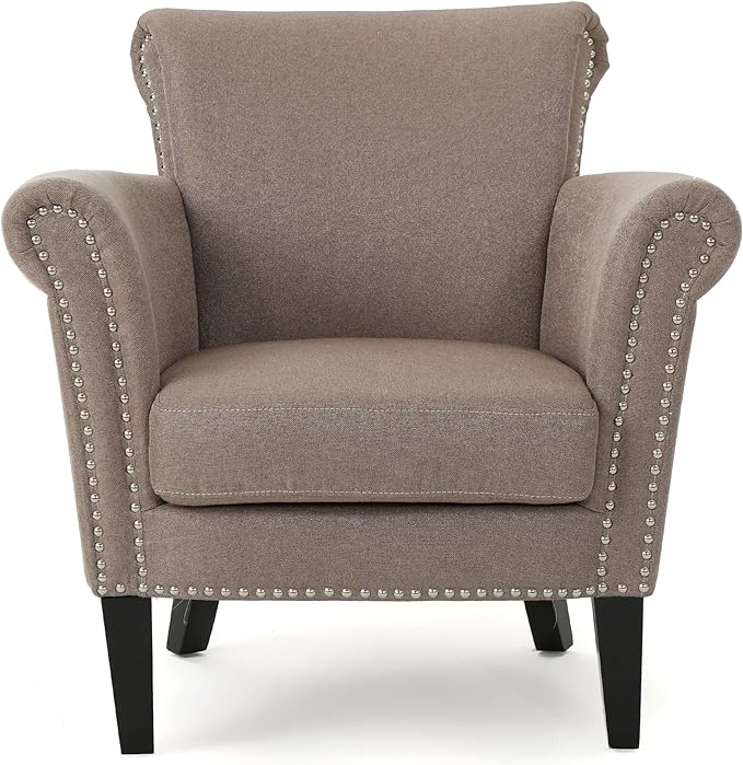 Christopher Knight Home Brice Vintage Scroll Arm Studded Fabric Club Chair, Light Coffee / Dark Brown, 31D x 29.5W x 31.5H in