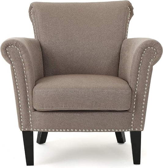 Christopher Knight Home Brice Vintage Scroll Arm Studded Fabric Club Chair, Light Coffee / Dark Brown, 31D x 29.5W x 31.5H in