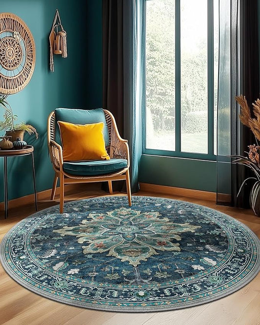 Area Rugs 4ft Washable Non-Slip, Floral Vintage Distress Print Pattern Medallion Carpet for Living Room Bedroom Dining Room, Teal Green Lake Blue Turquoise
