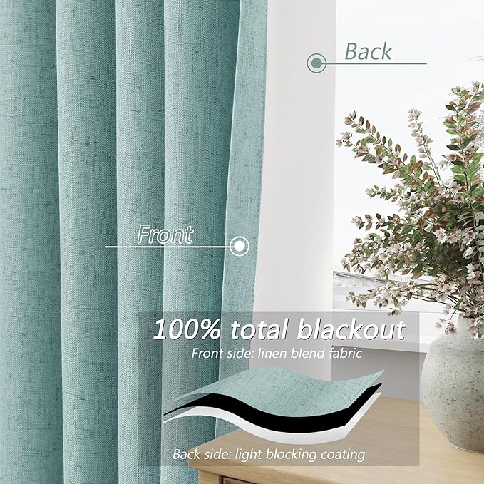 Guken 100% Blackout Linen Curtains 108 Inch Length 2 Panels Set for Living Room Bedroom Back Tab Thermal Insulated Black Out Linen Drapes Room Darkening Window Curtains,Light Blue