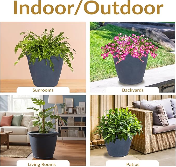 Sunnydaze 24-Inch Anjelica Large Plastic Pot for Plants - Double-Walled Outdoor Polyresin Round Planter Porch Pot with Drillable Drainage Holes - Slate - 4pk