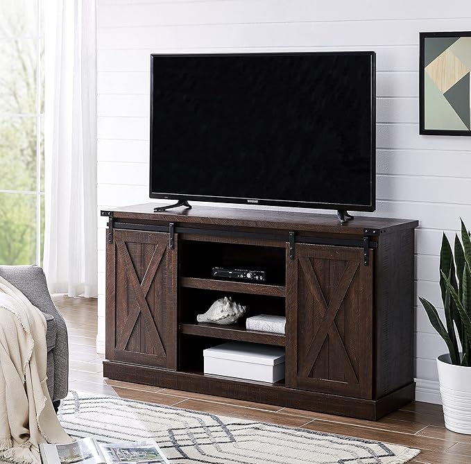 Farmhouse Sliding Barn Door TV Stand for TV up to 65 Inch Media Console Table Storage Cabinet Wood Entertainment Center Ranch Rustic Style Espresso