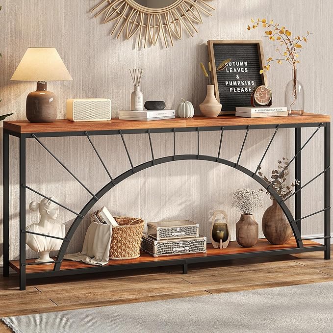 70.9 Inch Console Table, Extra Long Industrial Sofa Tables, 2-Tier Behind Couch Table, Foyer Tables for Entryway, Hallway, Living Room, Unique Design, Brown