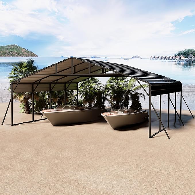 20x20FT Metal Carport Kits with Galvanized Steel Roof, Heavy Duty Metal Roof Carport with Enhanced Base, Tall MetalCarport Kits Garage for Tractors, Pickup, Boat, Car