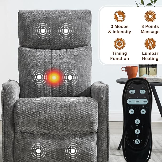 Manual Swivel Rocker Recliner Chair for Adults, Overstuffed Recliner Glider with Massage and Heat, Living Room Reclining Chair, Fabric Dark Gray