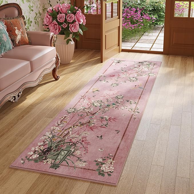 Runner Rug Chinoiserie-Style Floral Vintage Kitchen Rugs Non Slip Washable with Rubber Backing Soft Carpet for Laundry, Bedroom, Bathroom, Pink