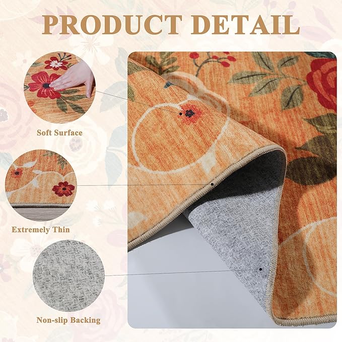 DUKINO 4x6 Area Rug, Lightweight Non Slip Washable Floral Rug, Indoor Low Pile & Non-Shedding Boho Design Rugs for Bedroom, Living Room, Dining Room, Orange
